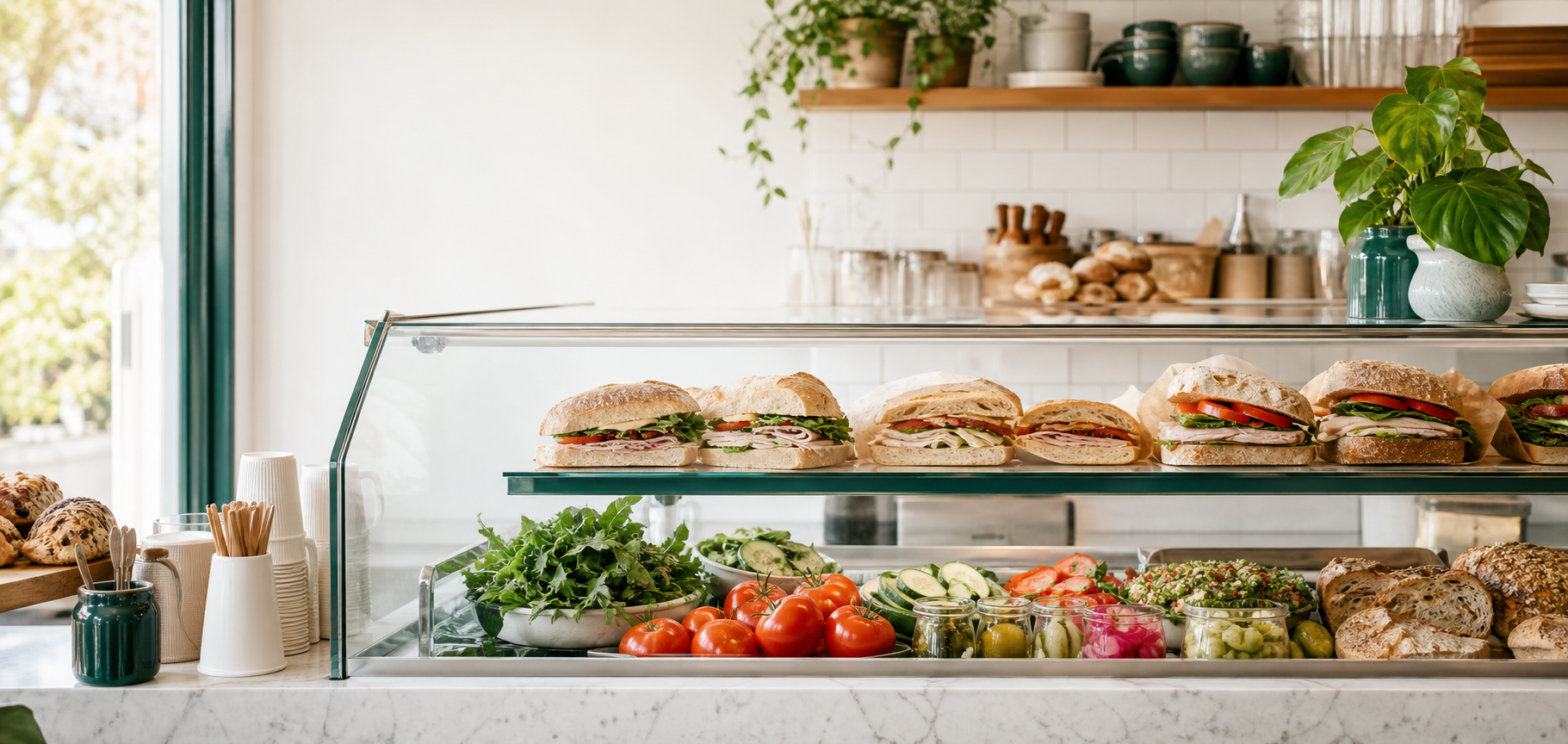 Fresh deli counter with sandwiches and catering food