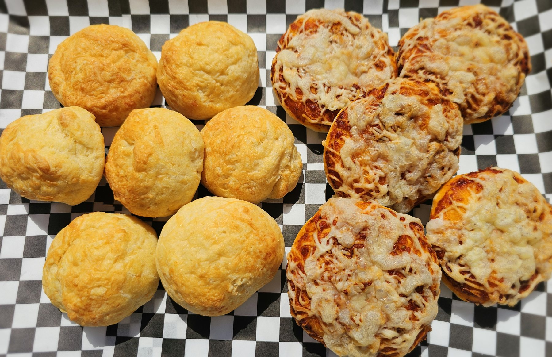 Fresh cheese scones and mini pizzas